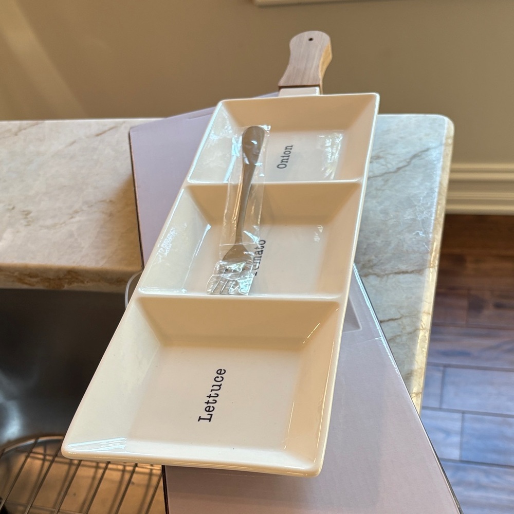 White Ceramic Divided Serving Tray with Wooden Handle